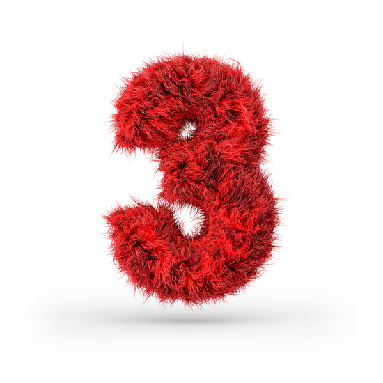 Chiffre 3 en rendu 3D en fourrure rouge. 